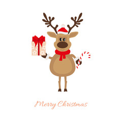 Obraz na płótnie Canvas Christmas reindeer with gift and caramel cane