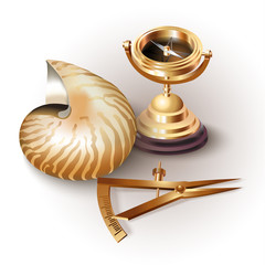 Set of navigation tools and a shell on white background