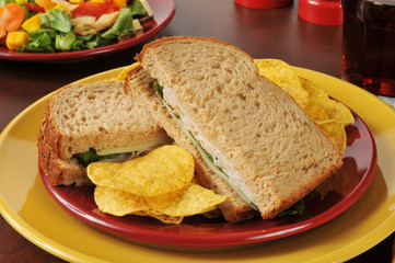 Turkey and swiss sandwich with a salad