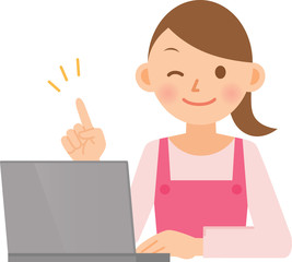 女性　エプロン　PC