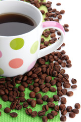 Cup of coffee with coffee beans, isolated on white