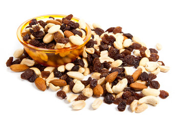 nuts and raisins isolated on white