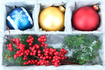 Fototapeta na wymiar Beautiful packaged Christmas balls, close up
