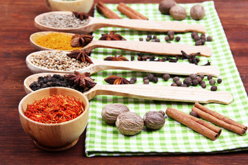 Various spices and herbs on table close up