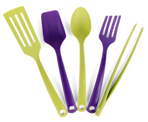 Plastic kitchen utensils isolated on white