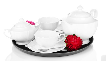 Cups for tea on tray isolated on white
