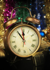 Composition of clock and christmas decorations