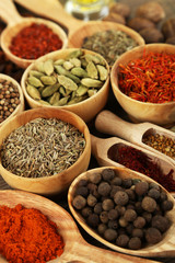 Many different spices and fragrant herbs close-up background