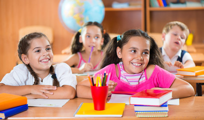 Happy schoolchildren during lesson in classroom