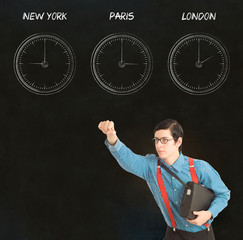 Nerd geek businessman time difference blackboard background