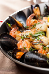 seafood paella in the fry pan