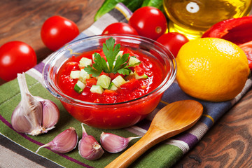 Tasty vegetarian gazpacho soup on the table