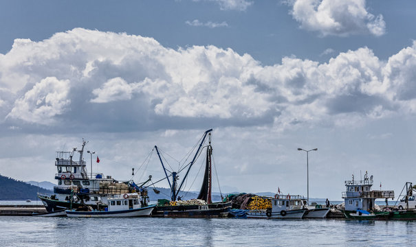 Small fishing boats in Akyaka harbor, Turkey