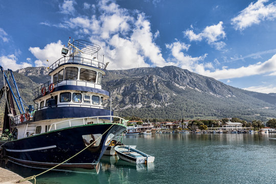 Small fishing boats in Akyaka harbor, Turkey
