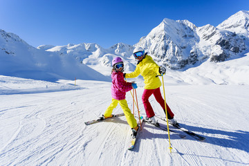 Skiing, winter, ski lesson - skiers on ski run - obrazy, fototapety, plakaty