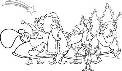 Fototapeta na wymiar christmas santa group coloring page