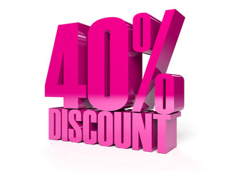 40 percent discount. Pink shiny text. Concept 3D illustration.