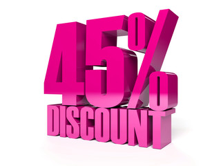 45 percent discount. Pink shiny text. Concept 3D illustration.