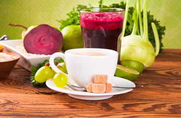 Breakfast including coffee,orange juice, muesli and fruits