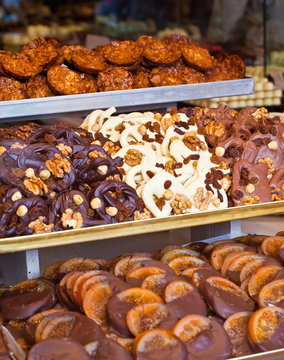 Famous Belgian chocolates and cookies in the store