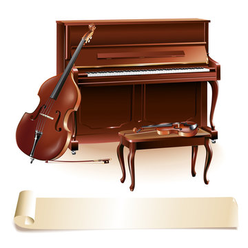 Classical piano, cello and a stool, isolated on white background