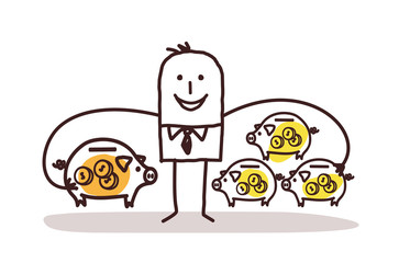 Businessman With Lot of Piggy Banks