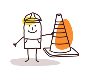 Construction Worker Man With a Cone Sign