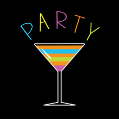 Colorful cocktail in martini glass. Word Party. Card.