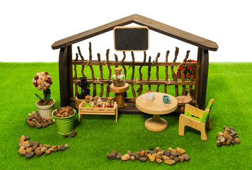 Coffee shop with coffee bean in the bucket and bottle