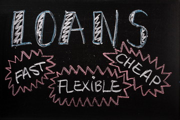 Fototapeta na wymiar Loans advertised on a blackboard sign