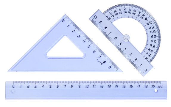 Plastic ruler, protractor, triangle, isolated on white backgroun