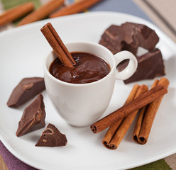Hot chocolate in a cup, pieces of chocolate and cinnamon