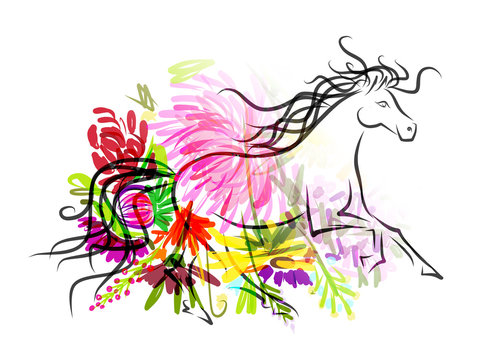 Horse sketch with floral decoration for your design. Symbol of