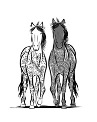 Couple of horses with floral ornament for your design. Symbol of
