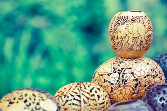 many lamps carved from a coconut tree, bali, indonesia