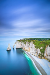 Etretat Aval cliff rocks landmark and ocean . Normandy, France.