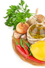 Fresh cooking ingredients with olive oil