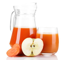 Carrot juice and fresh carrot and apple isolated on white