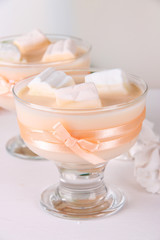 Tasty yogurt with marshmallows, close up