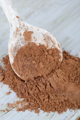 Cocoa powder in spoon on wooden background