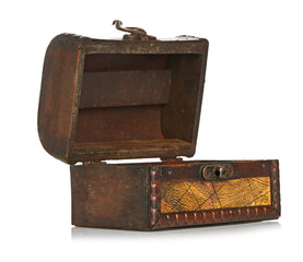 open wooden chest isolated on white background