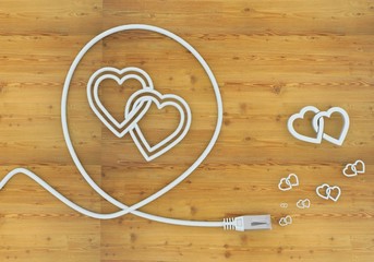 3d graphic of a coltish two hearts icon formed by an cable