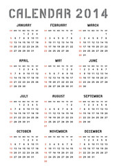 Calendar 2014. Week starts with Sunday