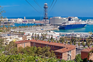 View of the Barcelona harbor and cableway from Montjuic