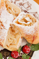 apple strudel with chocolate sauce