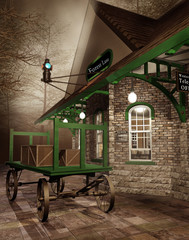 Fototapeta na wymiar Stacja kolejowa z wózkiem i pudłami