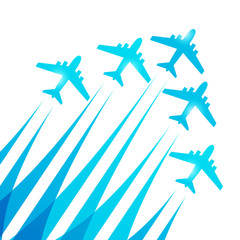 Blue airplanes silhouettes on white