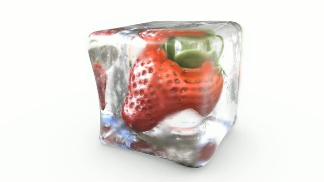 A strawberry into an ice cube turning on itself. Loop footage.