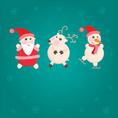 greeting card with Santa Claus, snowman and reindeer