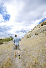 Adult man is hiking with trekking poles